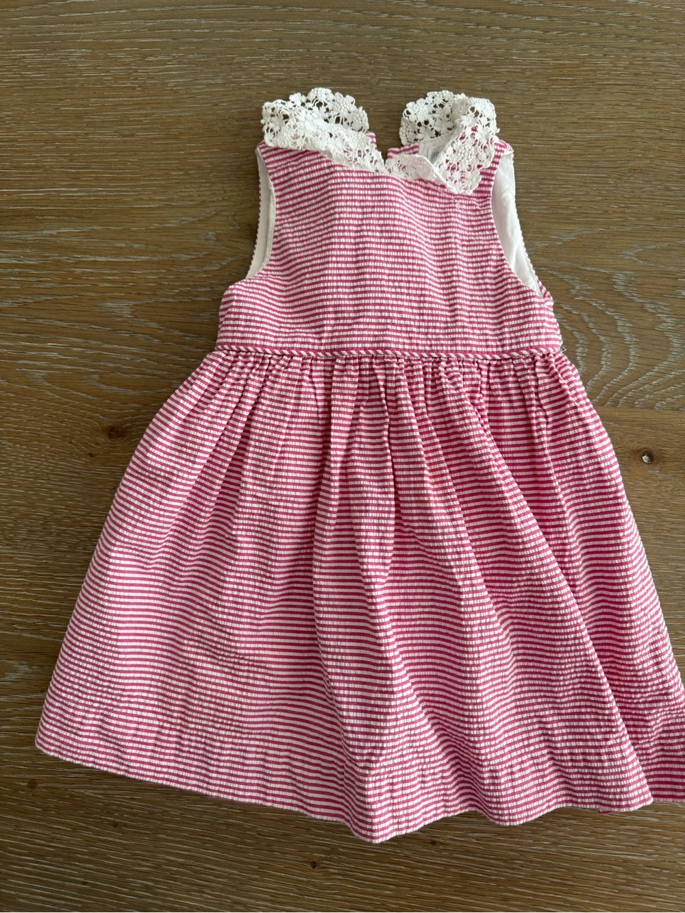 Ralph Lauren Pink and White Striped Seer Sucker Lace-Trim Pearl Bead Dress, 18m